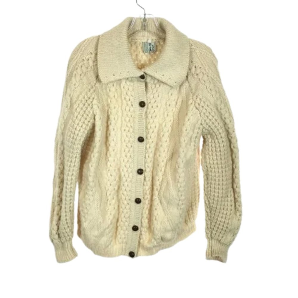 Womens Size Large Cladyknit Cream Vintage Pure Wool Mixed Knit Cardigan Sweater